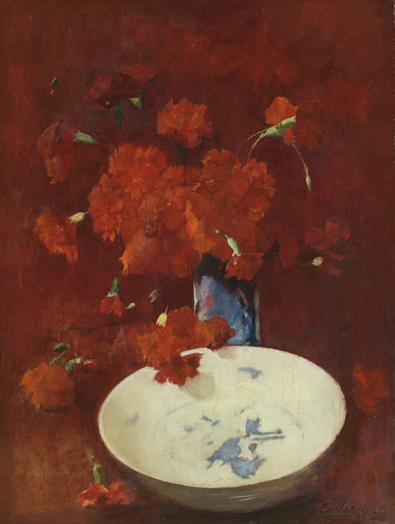 Emil Carlsen : Red carnations and delft, 1875.