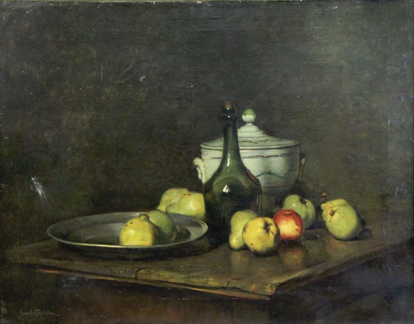 Emil Carlsen : Still-life with bottle and tureen, ca.1889.