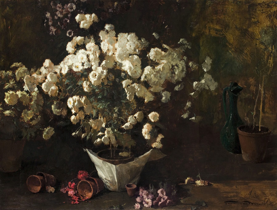 Emil Carlsen : Still life with chrysanthemums [in wrapped pot], ca.1885.