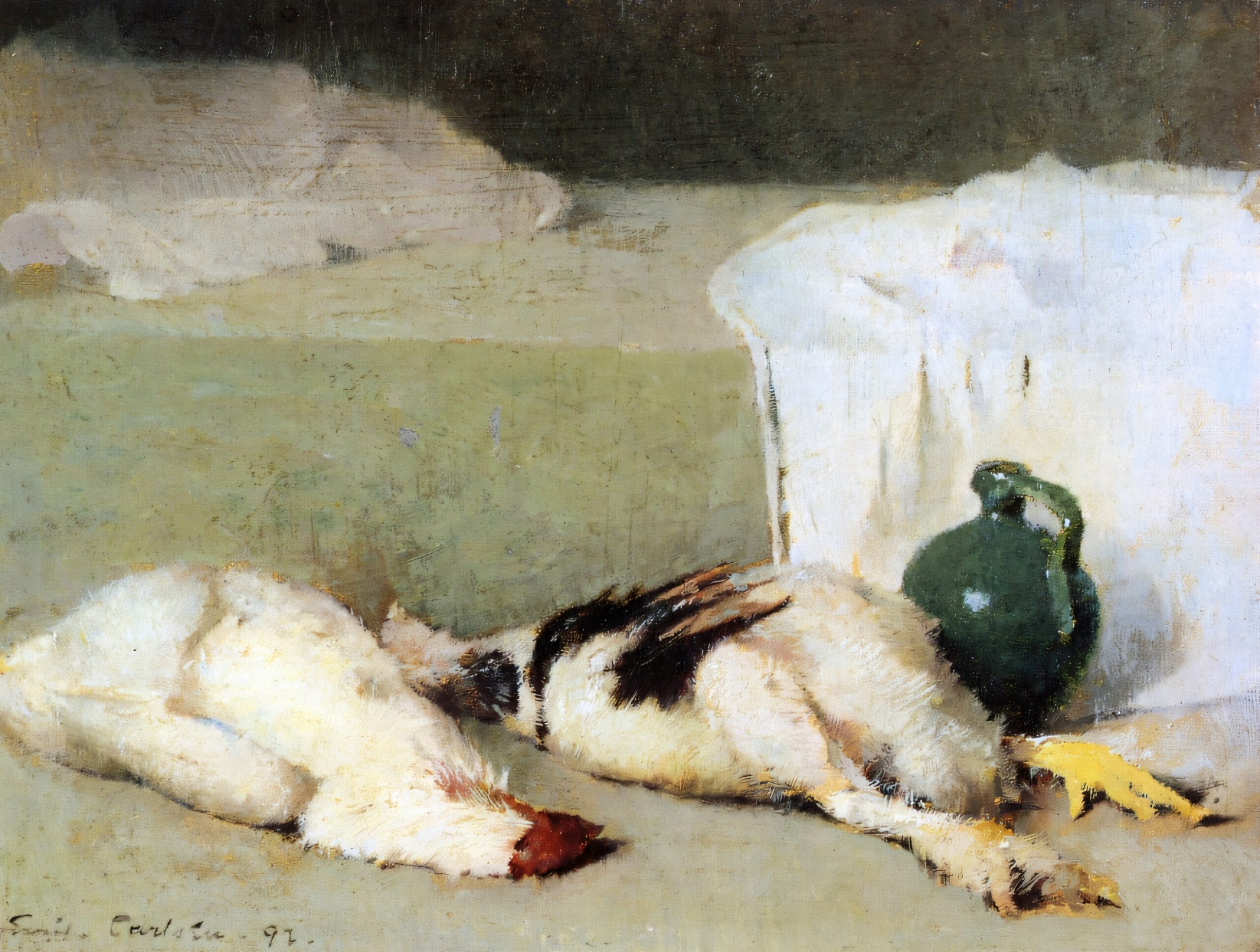 Emil Carlsen : Still life with game and ceramic pot, 1892.