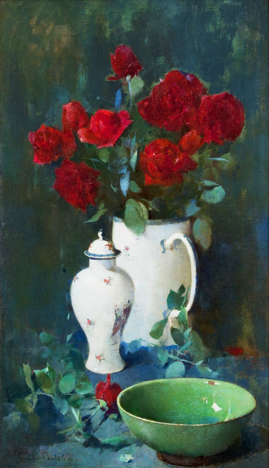 Emil Carlsen : Still life, roses and oriental vases, ca.1895.
