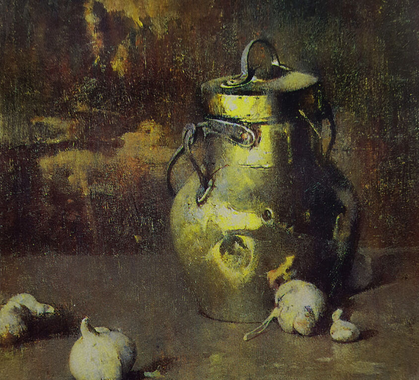 Emil Carlsen : Brass jar with garlic, 1927.