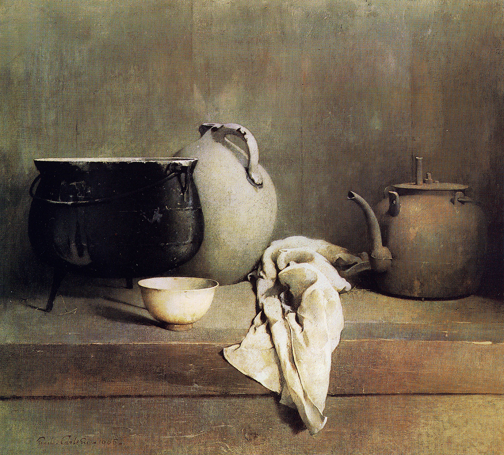 Emil Carlsen : Study in grey [caldron, jug, bowl and tea pot], 1906.