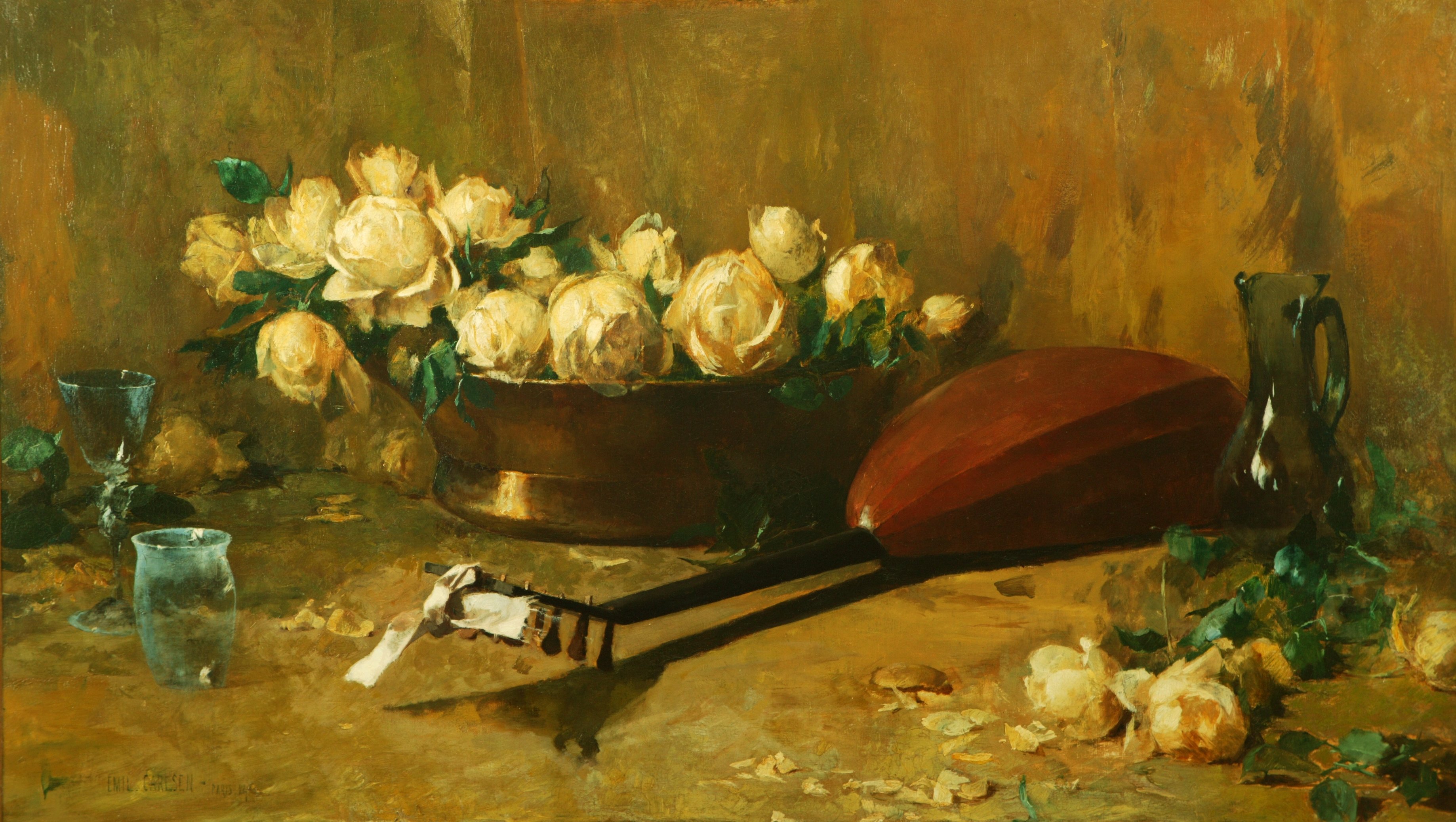 Emil Carlsen : Still life with roses and mandolin, 1884.