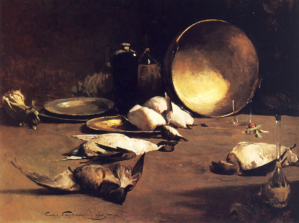 Emil Carlsen Still life, brass bowl, ducks and bottles, 1883