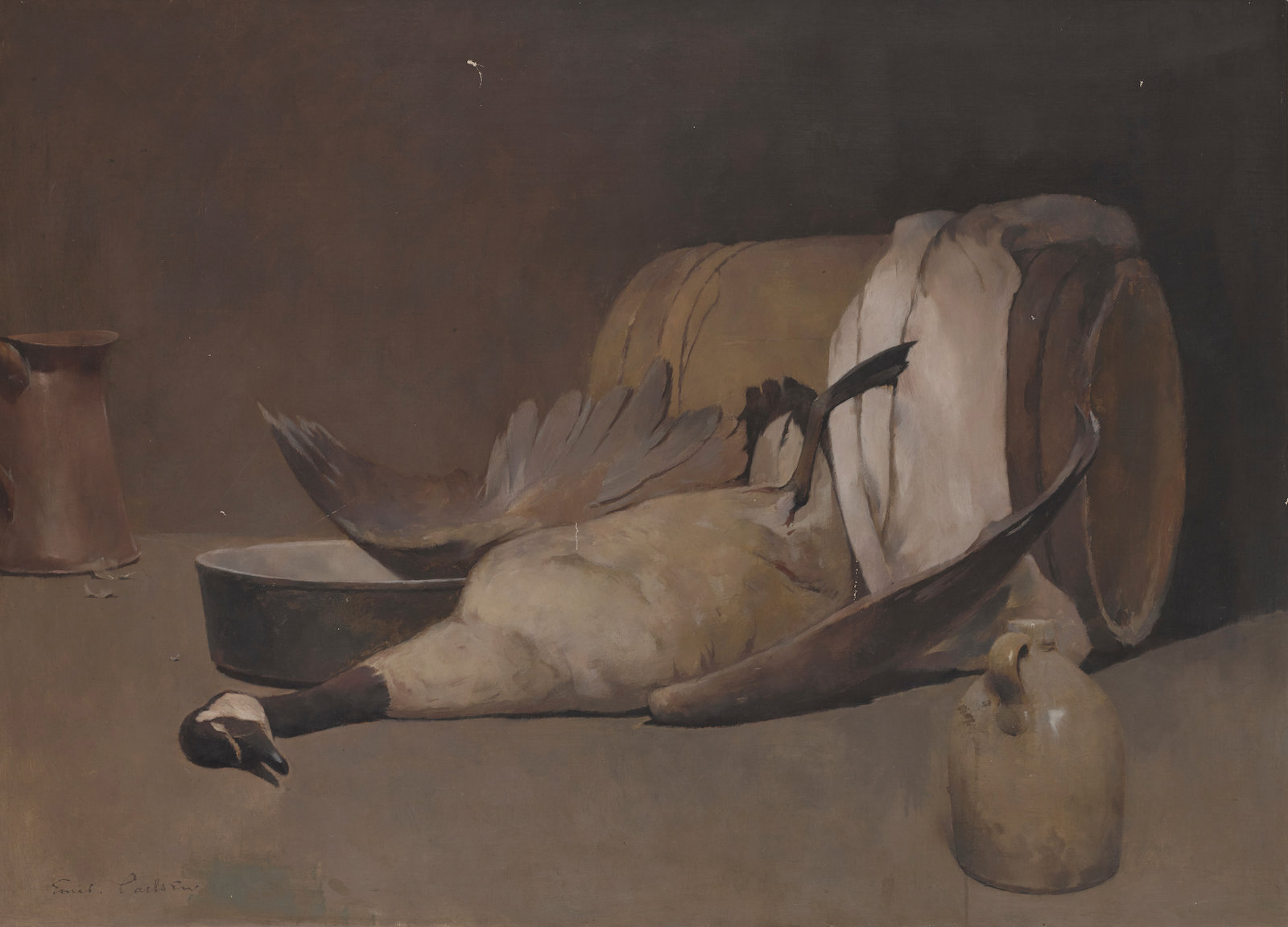 Emil Carlsen : Still-life with mallard duck and barrel, ca.1898.