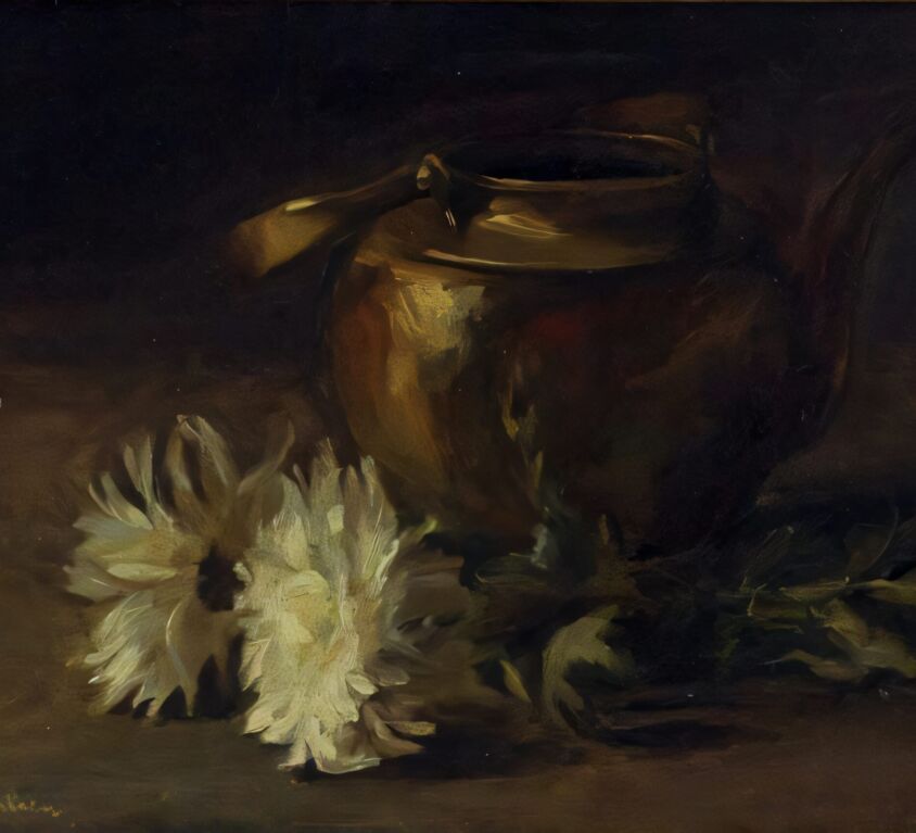 Emil Carlsen : Chrysanthemum and copper pot, ca.1882.