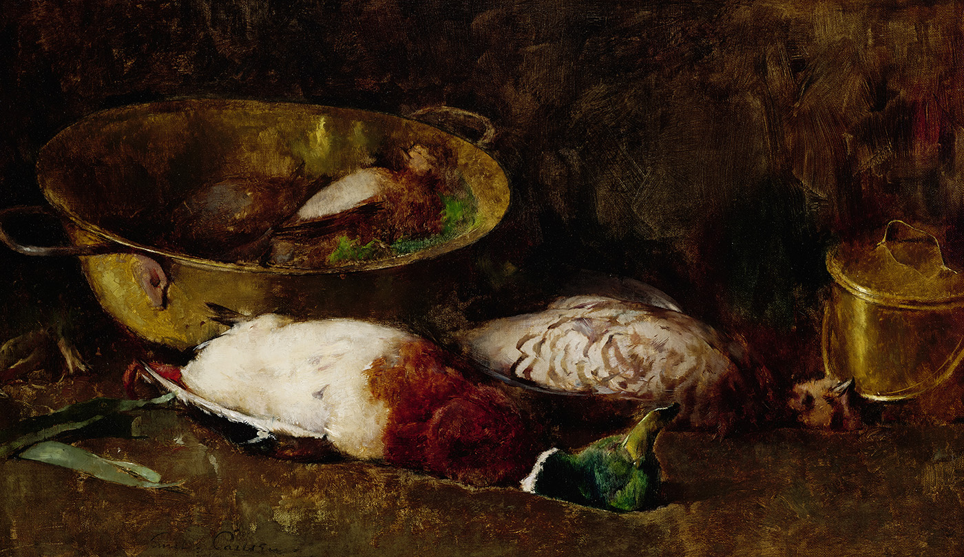 Emil Carlsen : Still life [mallard, grouse, small game birds and copper pots], ca.1897.