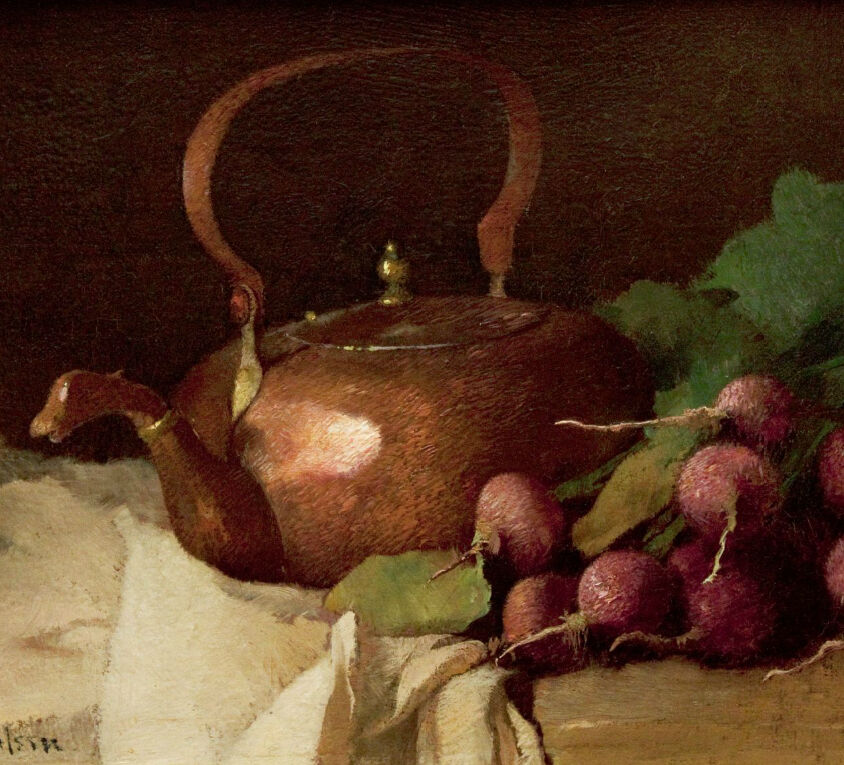 Emil Carlsen : Still life with tea kettle and radishes, ca.1915.