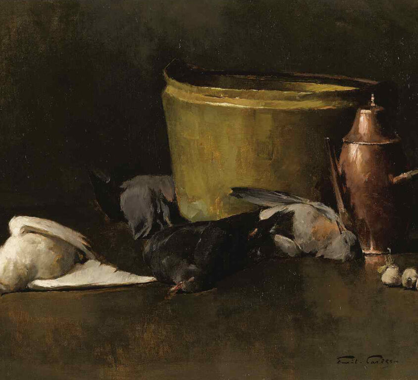 Emil Carlsen : Still life—brass bowl, copper coffee pot and pigeons, ca.1894.