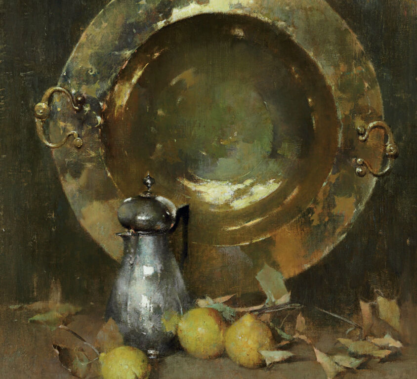 Emil Carlsen : Still life [with brazier, silver tea and quinces], ca.1918.